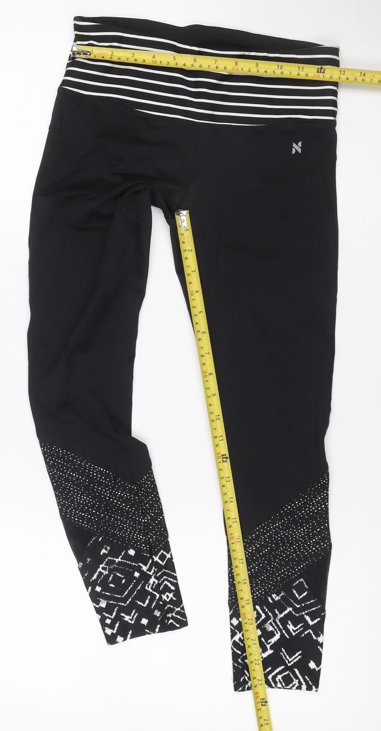 Next Women’s Black Geometric Print Gym Leggings UK 8 Stretch Zip Pocket