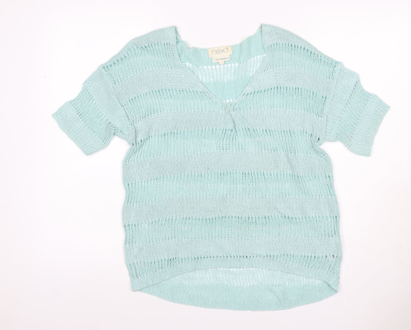 Next Women’s Mint Blue UK 14 Open-Knit V-Neck Short Sleeve Jumper