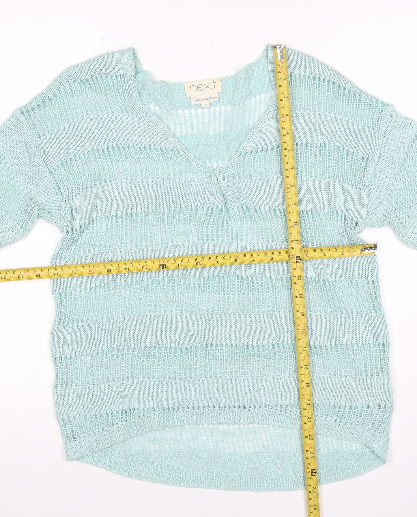 Next Women’s Mint Blue UK 14 Open-Knit V-Neck Short Sleeve Jumper