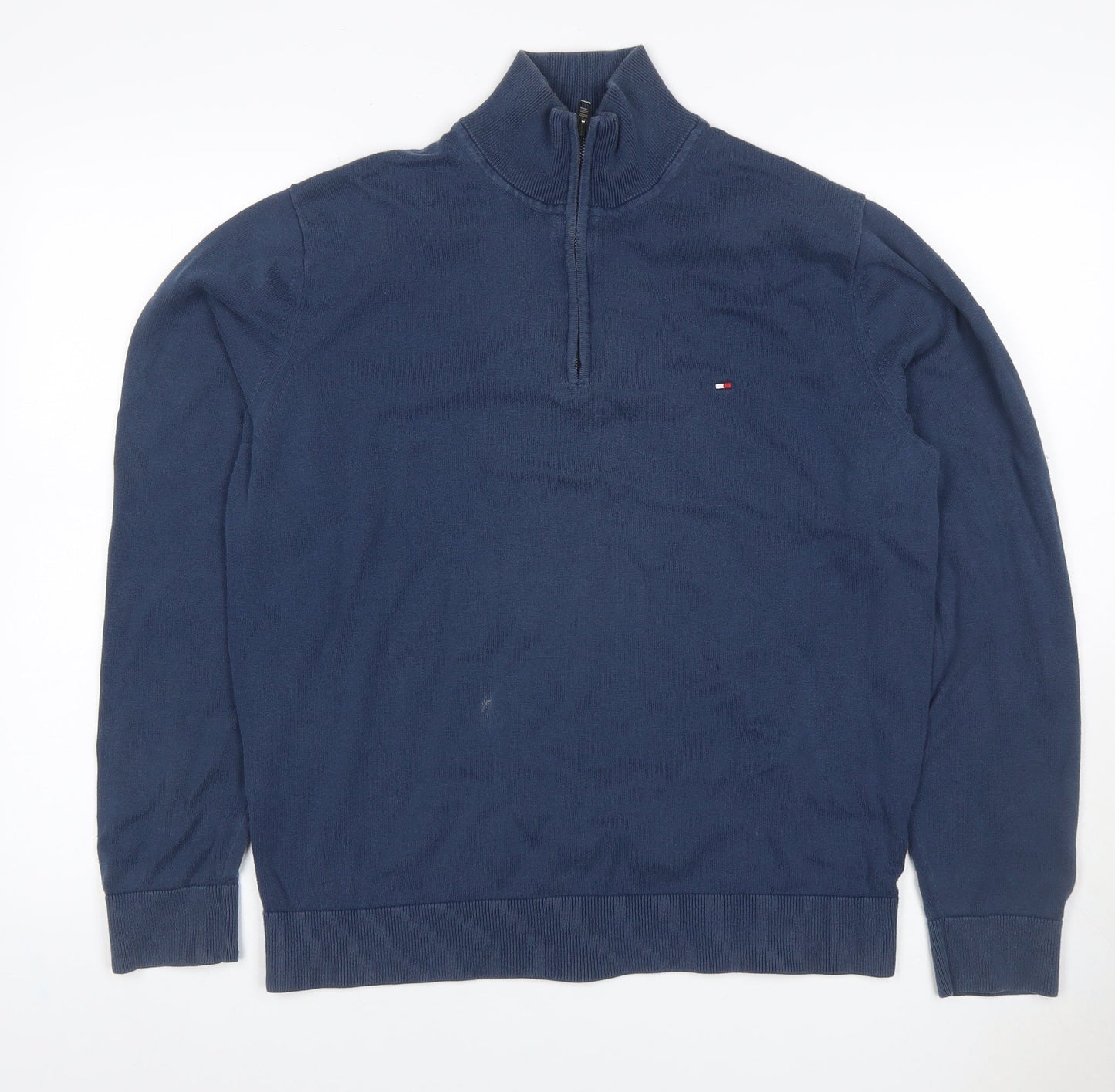 Tommy Hilfiger Men’s Blue XL Quarter Zip Cotton Mock Neck Jumper