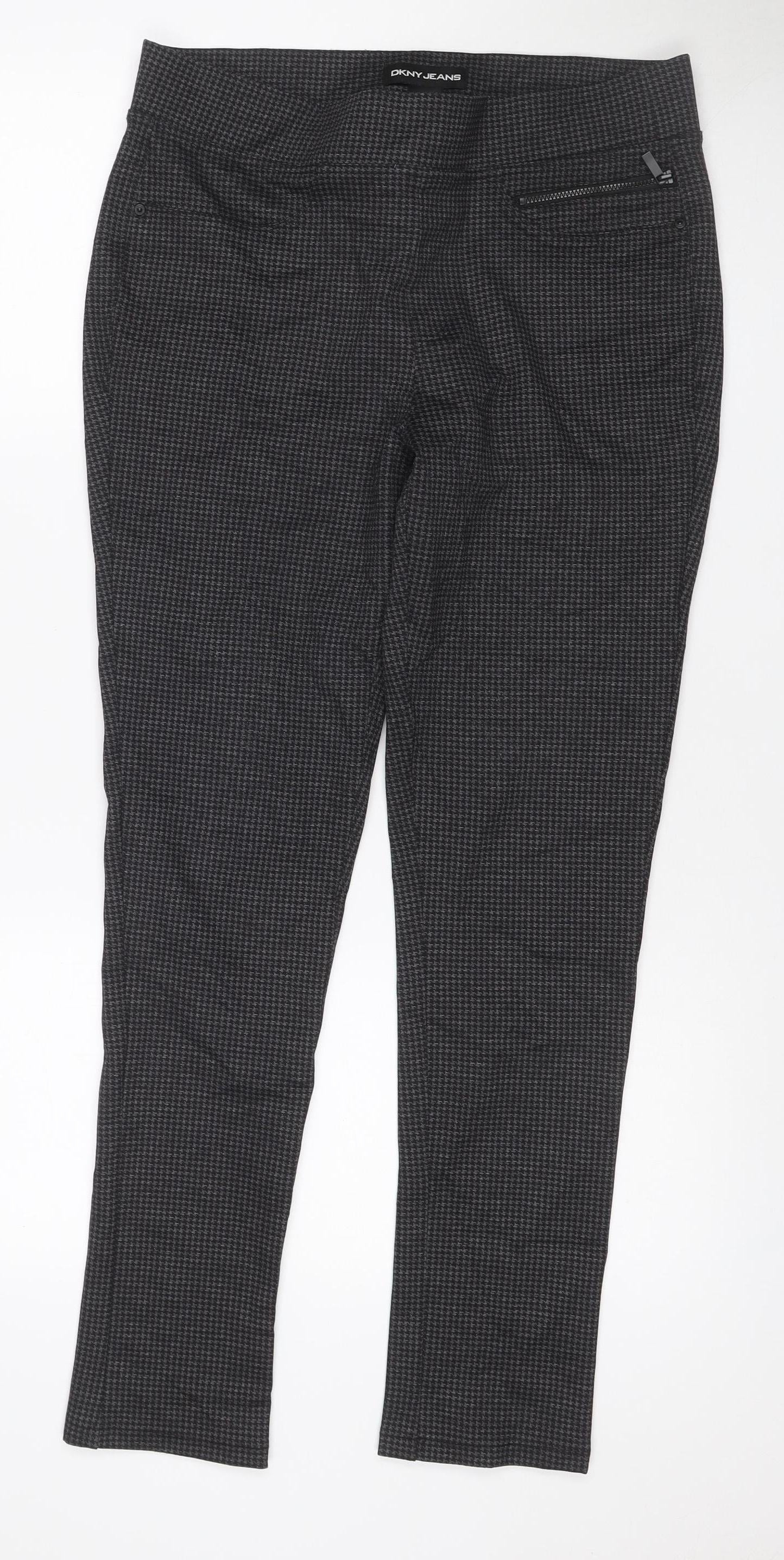 DKNY Jeans Women Grey Herringbone Straight Trousers M Zip Pockets