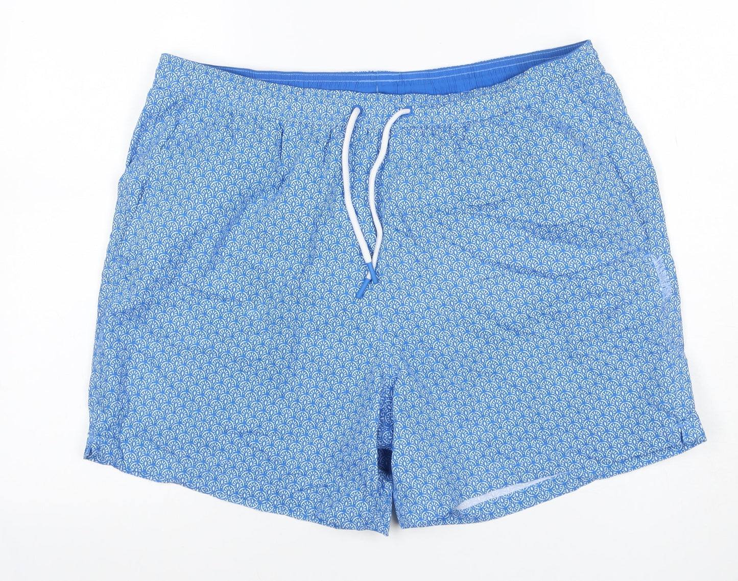 M&S Men Blue Geometric Print Swim Shorts Size 38 Lined Drawstring