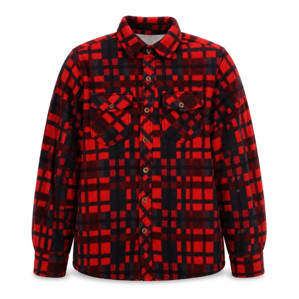 Front view of Lee Cooper Men's Red Check Padded Fleece Jacket, size M, Button Front