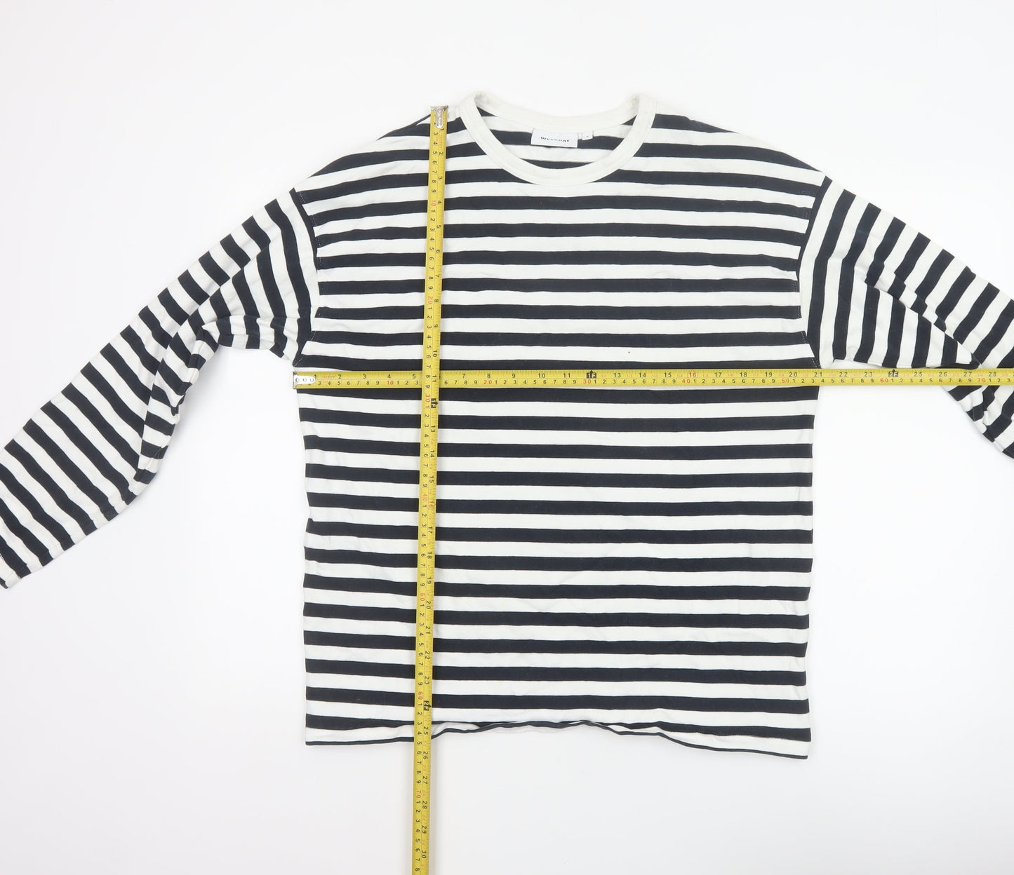 Weekday Women Black White Striped Cotton Long Sleeve Basic T-Shirt M