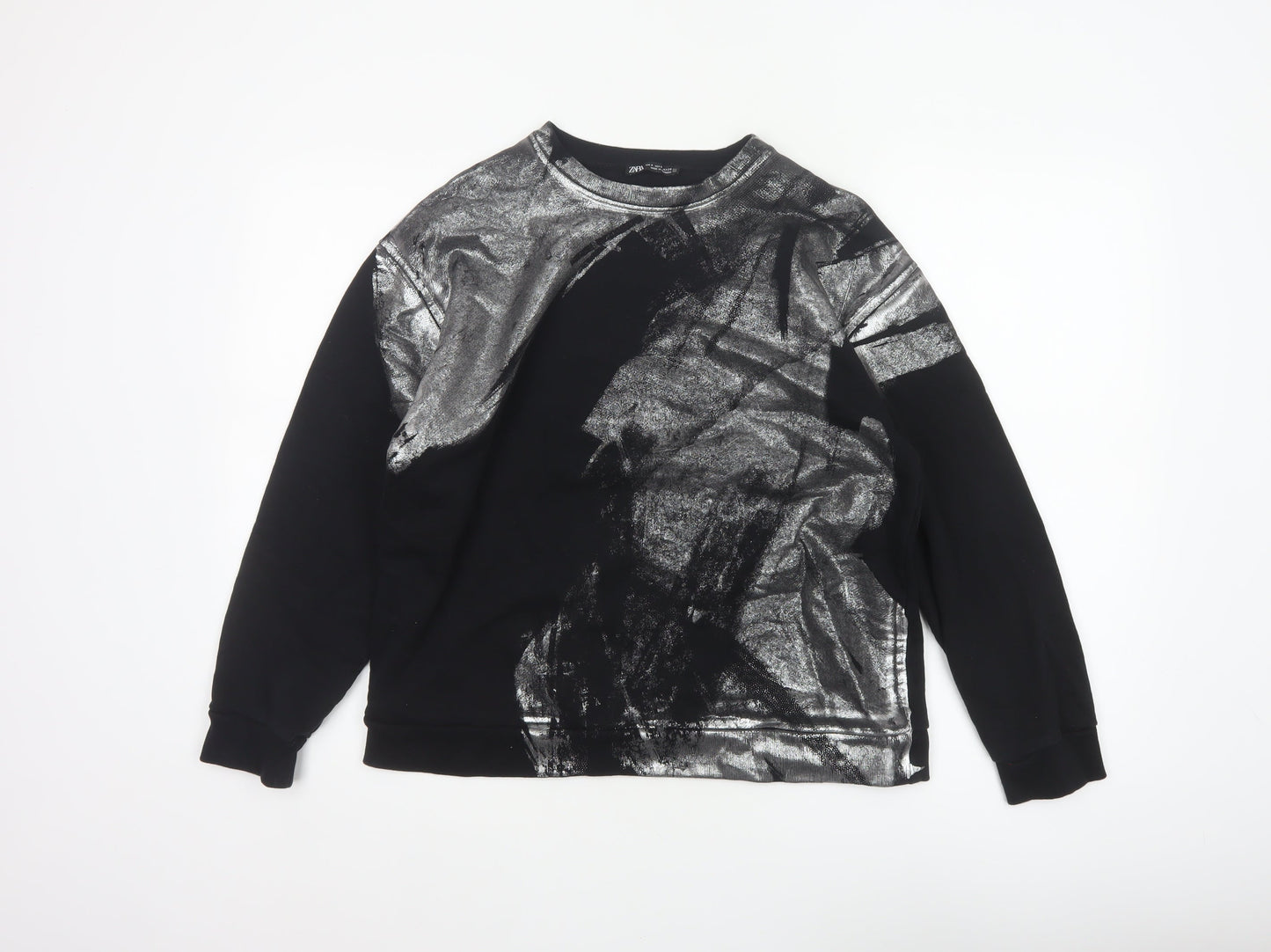 Zara Women Black Silver Metallic Pullover Sweatshirt Size S