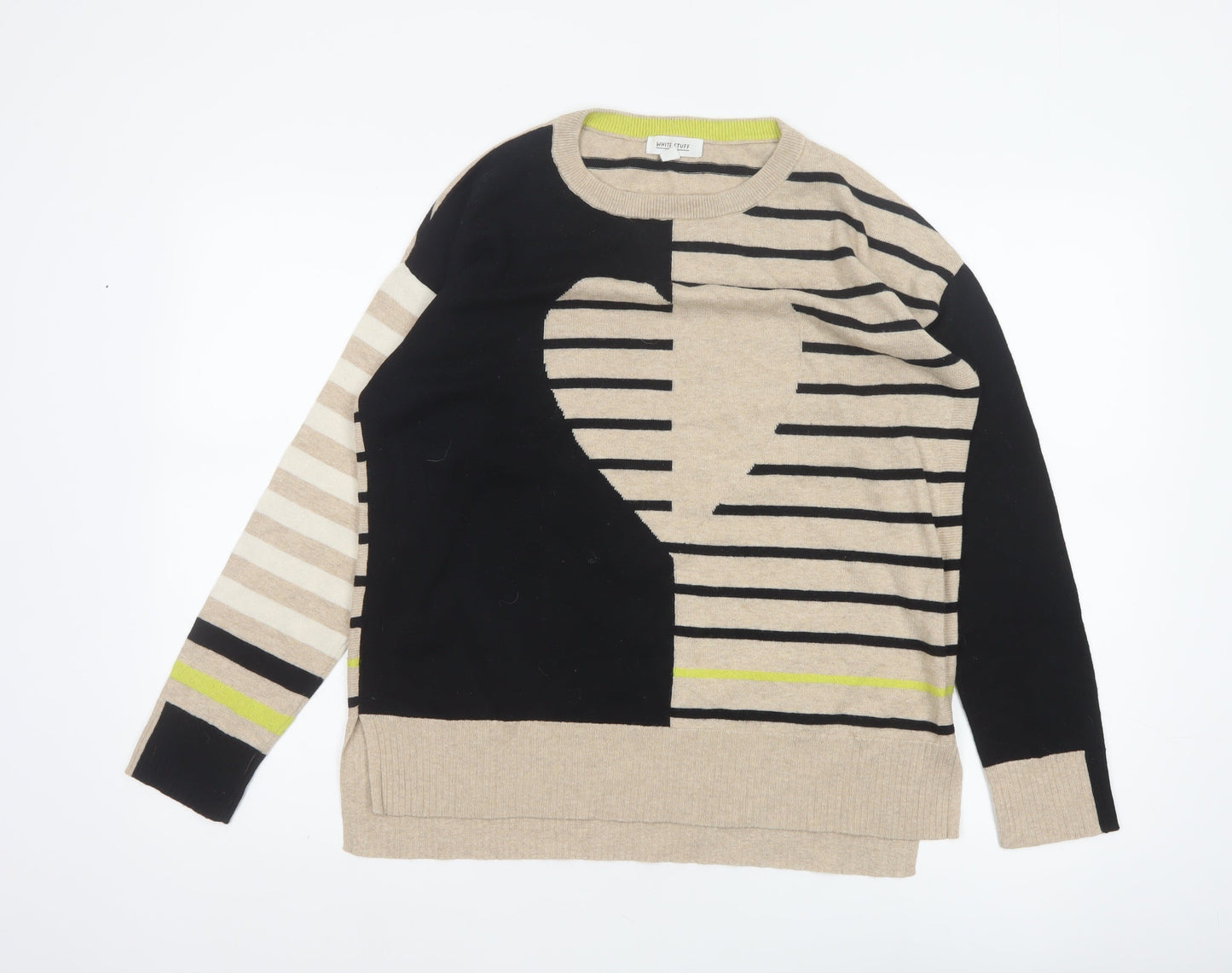 White Stuff Women Beige Black Stripe Knit Jumper UK 12 Cotton Merino