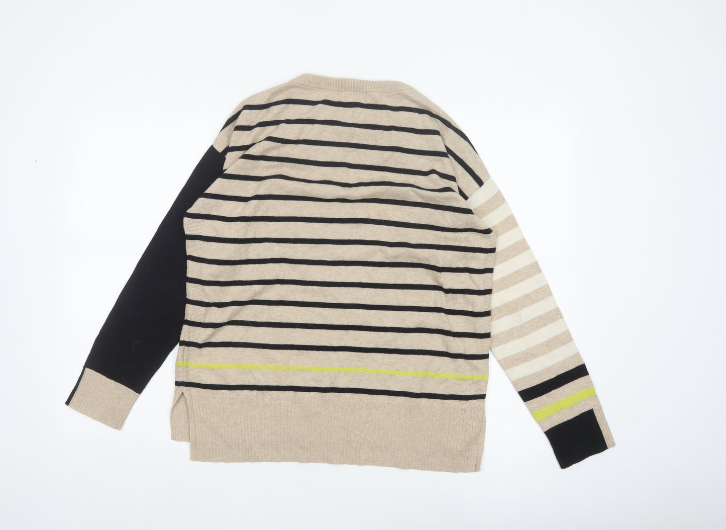 White Stuff Women Beige Black Stripe Knit Jumper UK 12 Cotton Merino