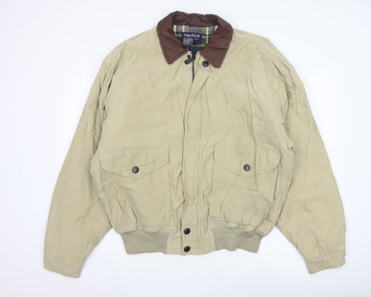 Nautica Men’s Beige XL Bomber Jacket Leather Collar Zip Pockets