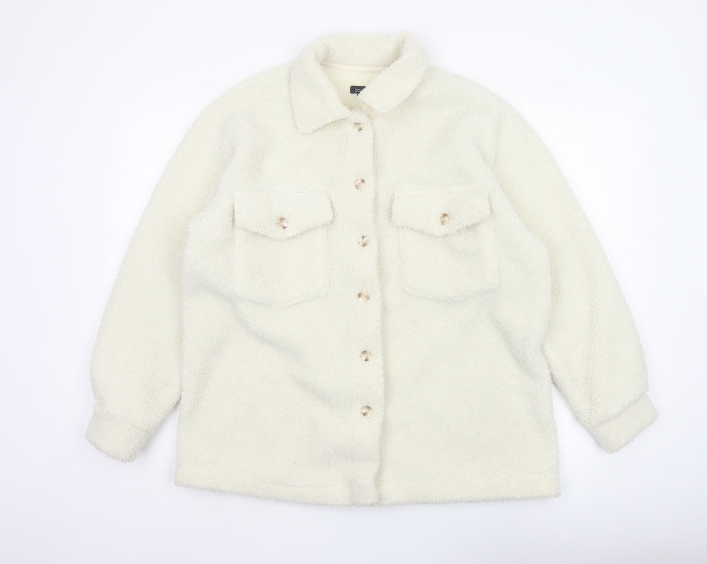 Boohoo Women's Ivory Teddy Fleece Button Jacket UK 12 Collared Pockets