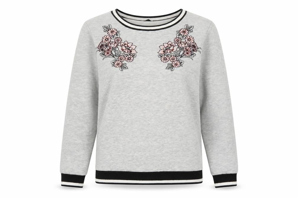 Front view of Dorothy Perkins Women Grey Floral Embroidered Pullover Sweatshirt UK 10
