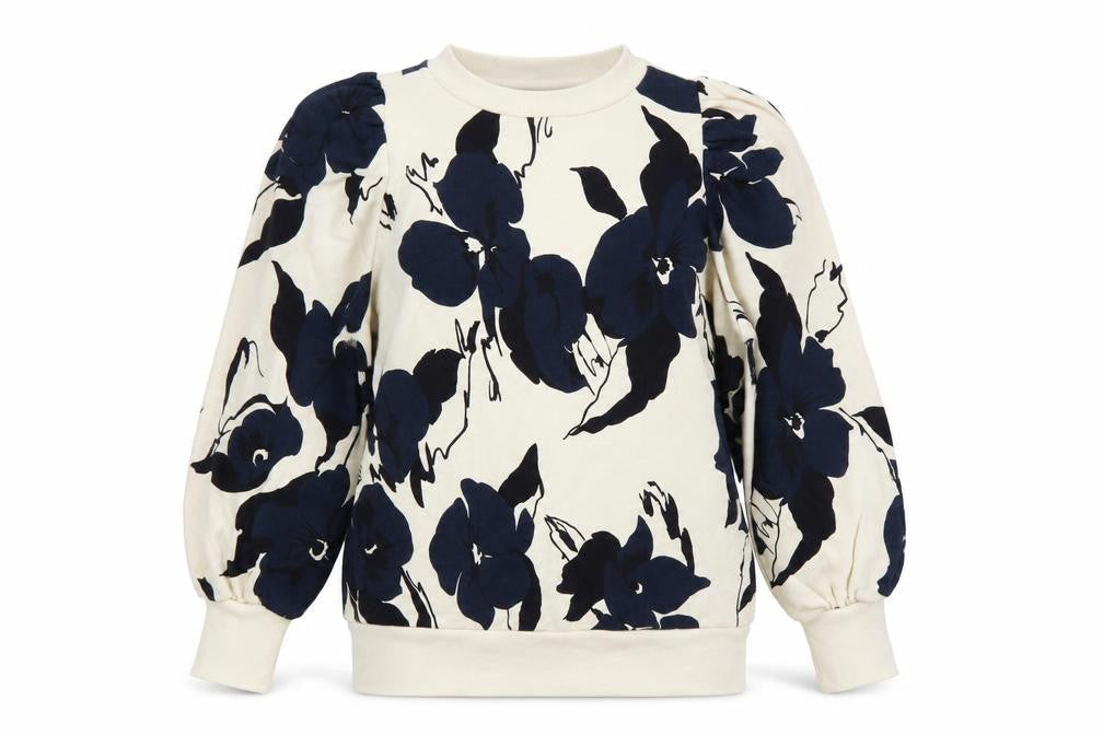 Front view of Kin Women’s Ivory Navy Floral Balloon Sleeve Sweatshirt, size S