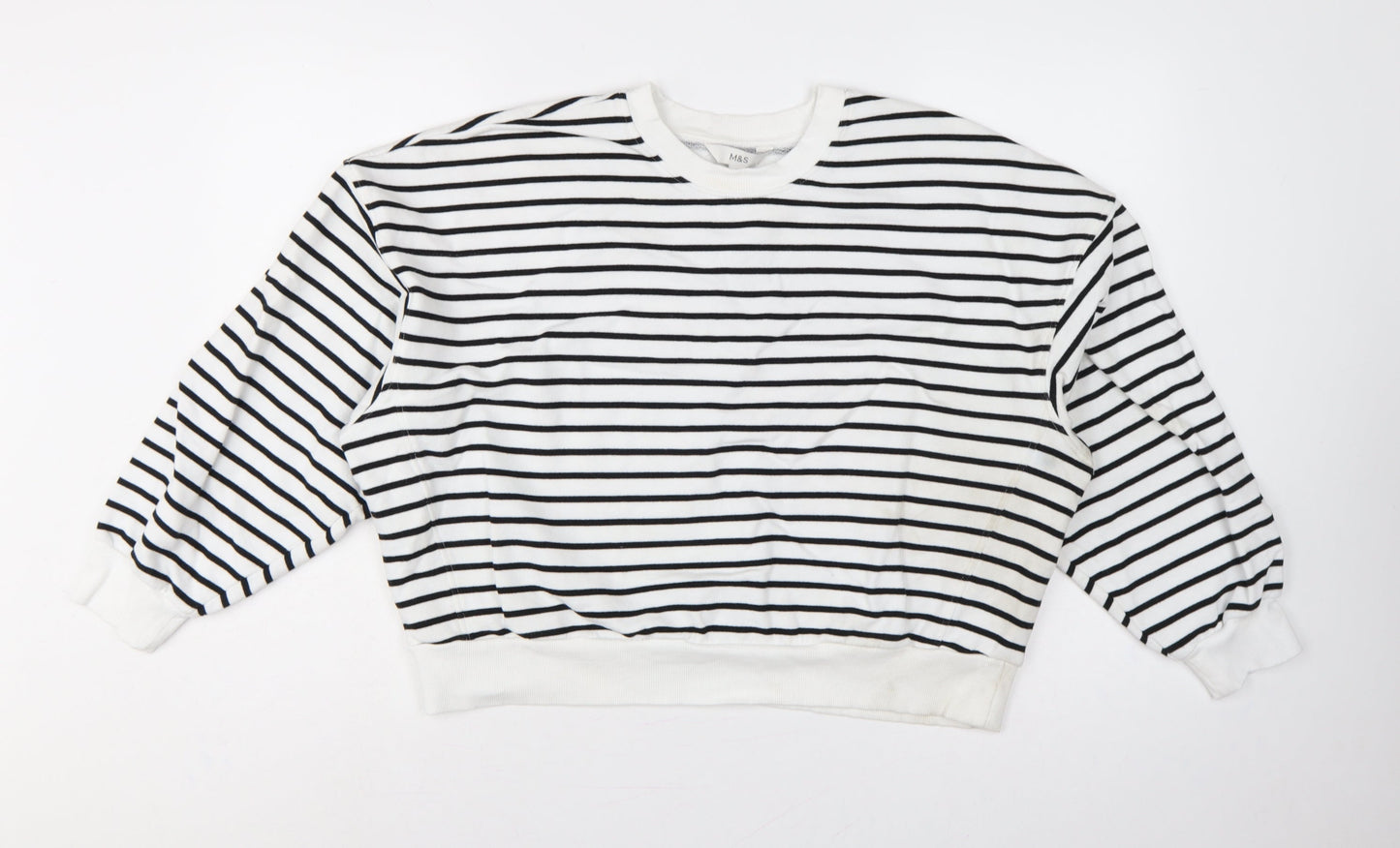 Marks & Spencer Women White Black L Striped Pullover Sweatshirt Pockets