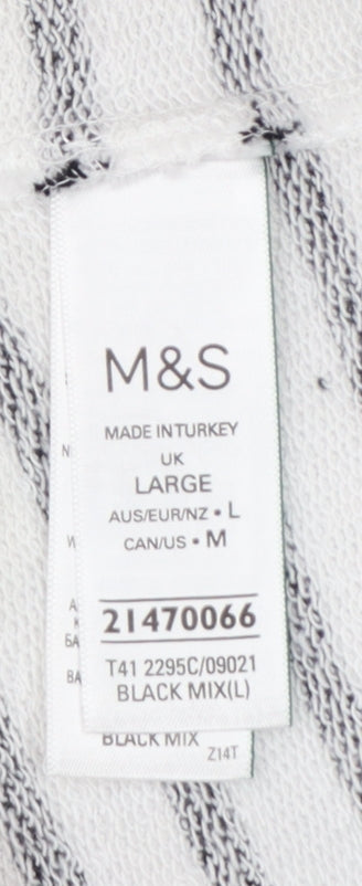 Marks & Spencer Women White Black L Striped Pullover Sweatshirt Pockets