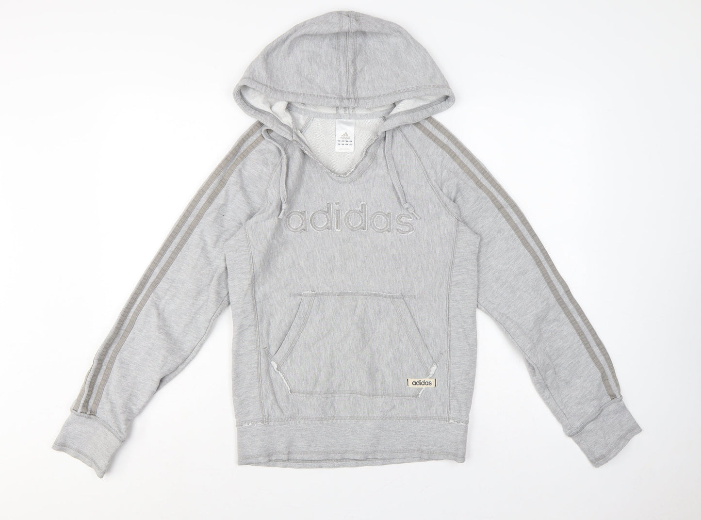 Adidas Women Grey UK 8 Pullover Hoodie Embroidered Logo 3 Stripe Cotton