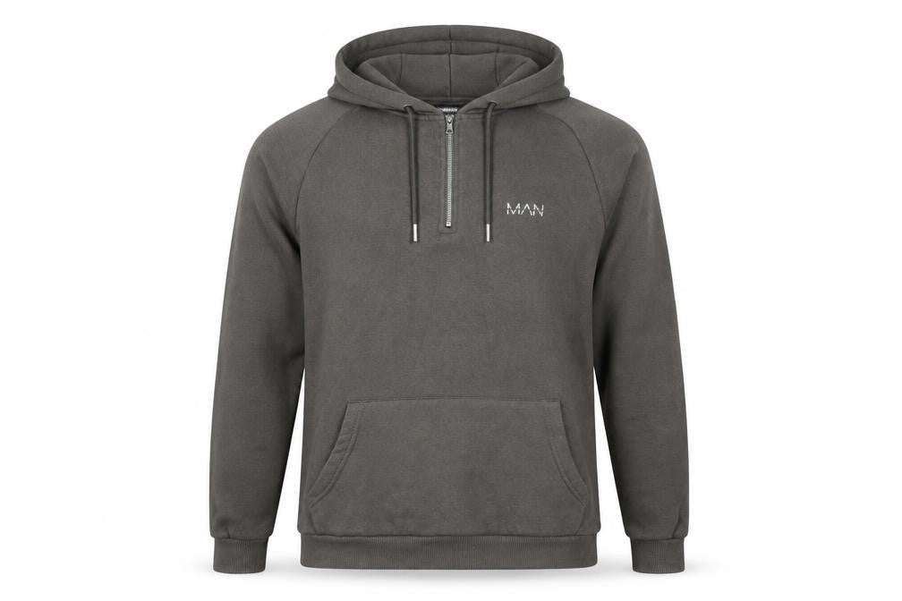 Front view of boohooMAN Men’s Grey S 1/4 Zip Pullover Hoodie Logo Cotton