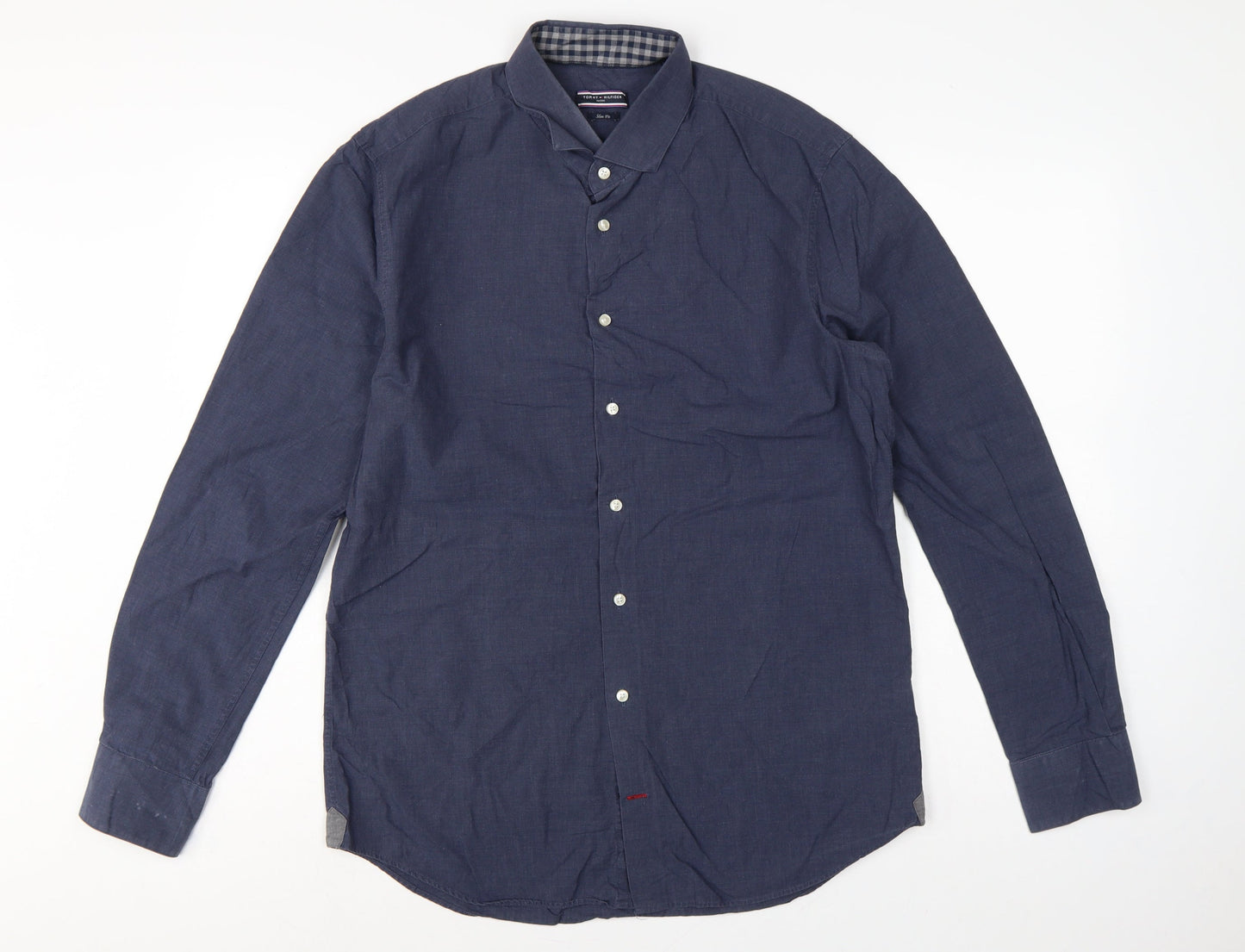 Tommy Hilfiger Men Blue 16.5 Slim Fit Linen Button Down Shirt
