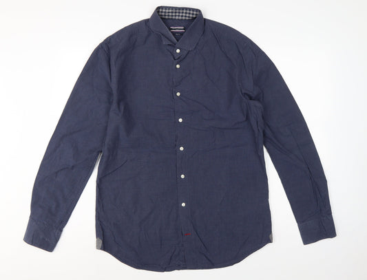 Tommy Hilfiger Men Blue 16.5 Slim Fit Linen Button Down Shirt