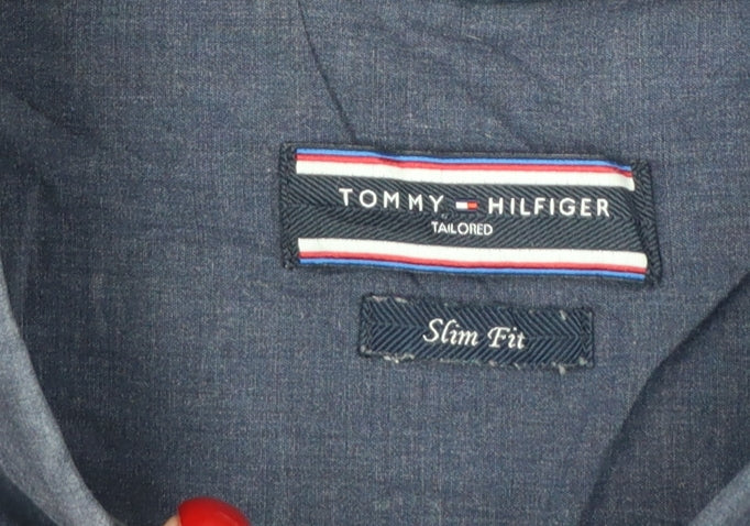 Tommy Hilfiger Men Blue 16.5 Slim Fit Linen Button Down Shirt