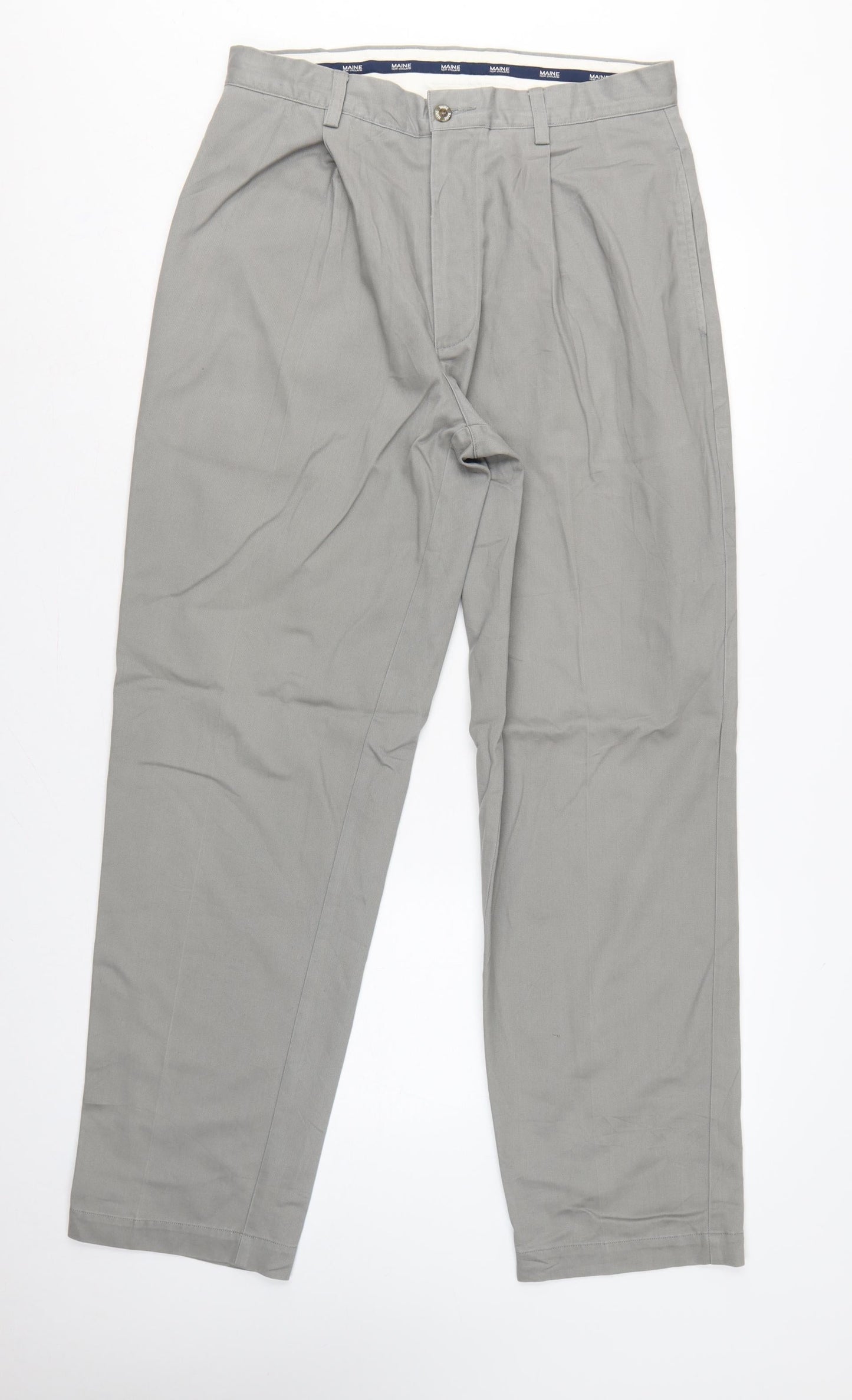 Maine New England Men's Grey 34R Chino Trousers Straight Leg Cotton