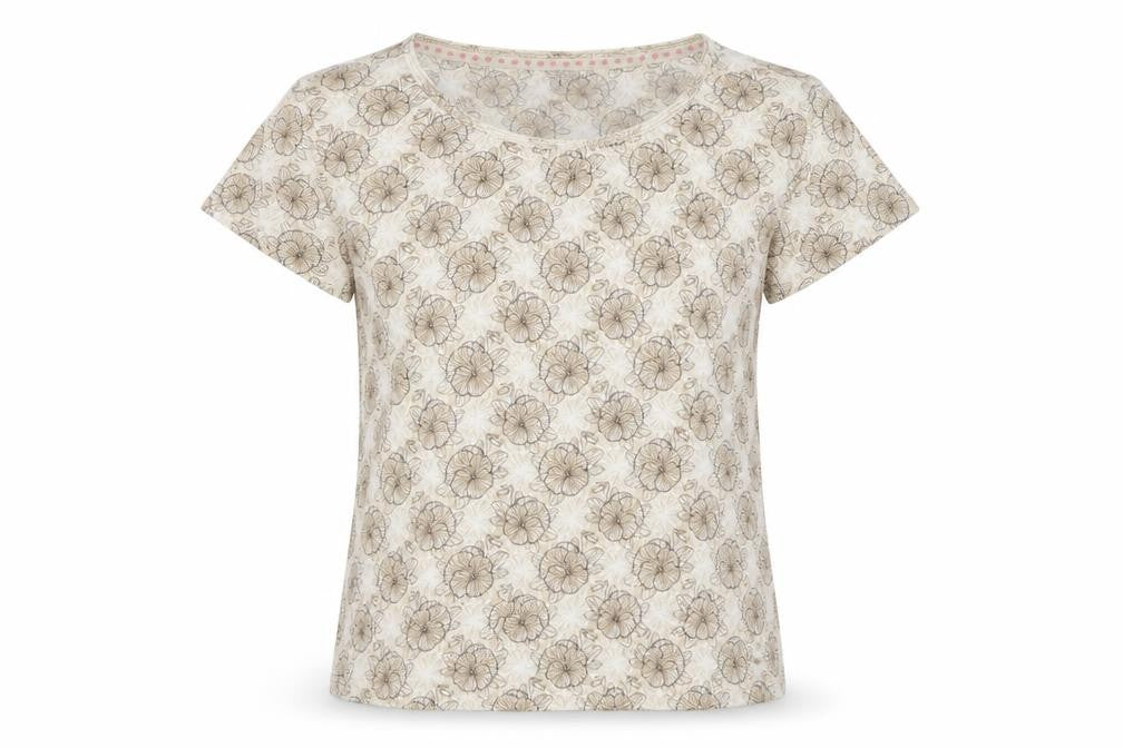 Front view of Maine New England Women’s Beige Floral T-Shirt, size UK 12, Short Sleeve