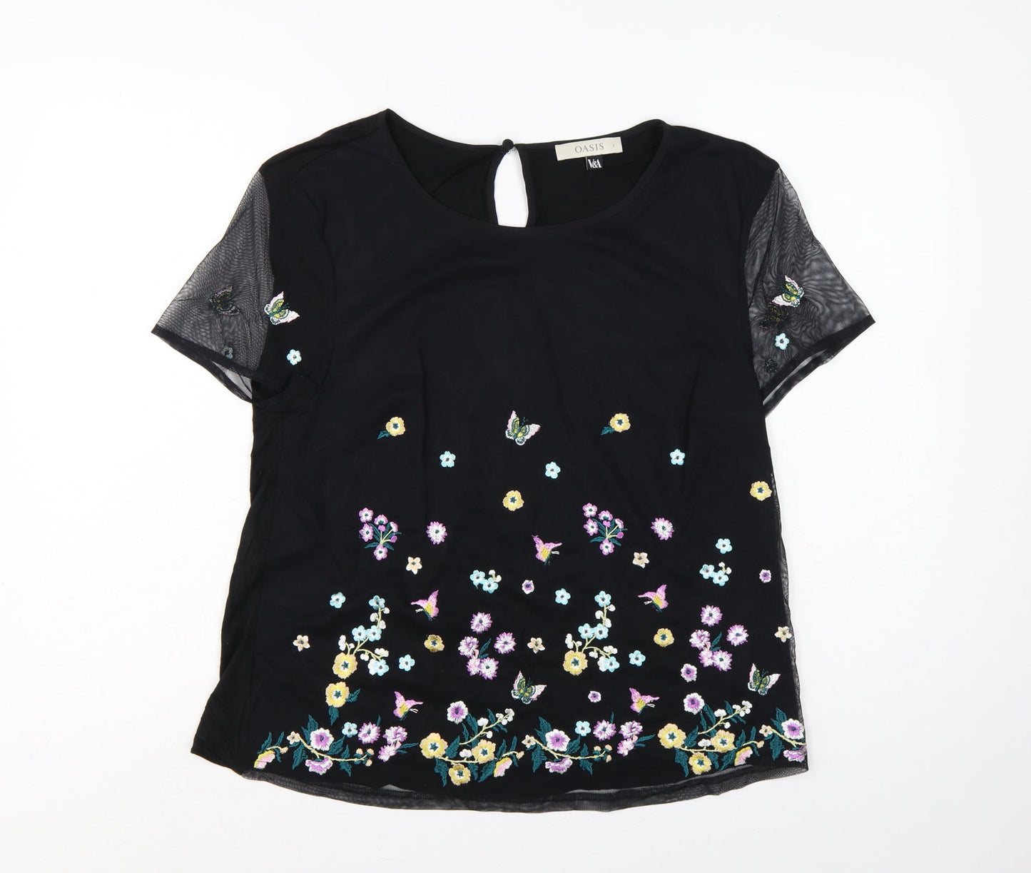 Oasis Women Black UK 14 Embroidered Floral Butterfly Sheer Sleeve Blouse
