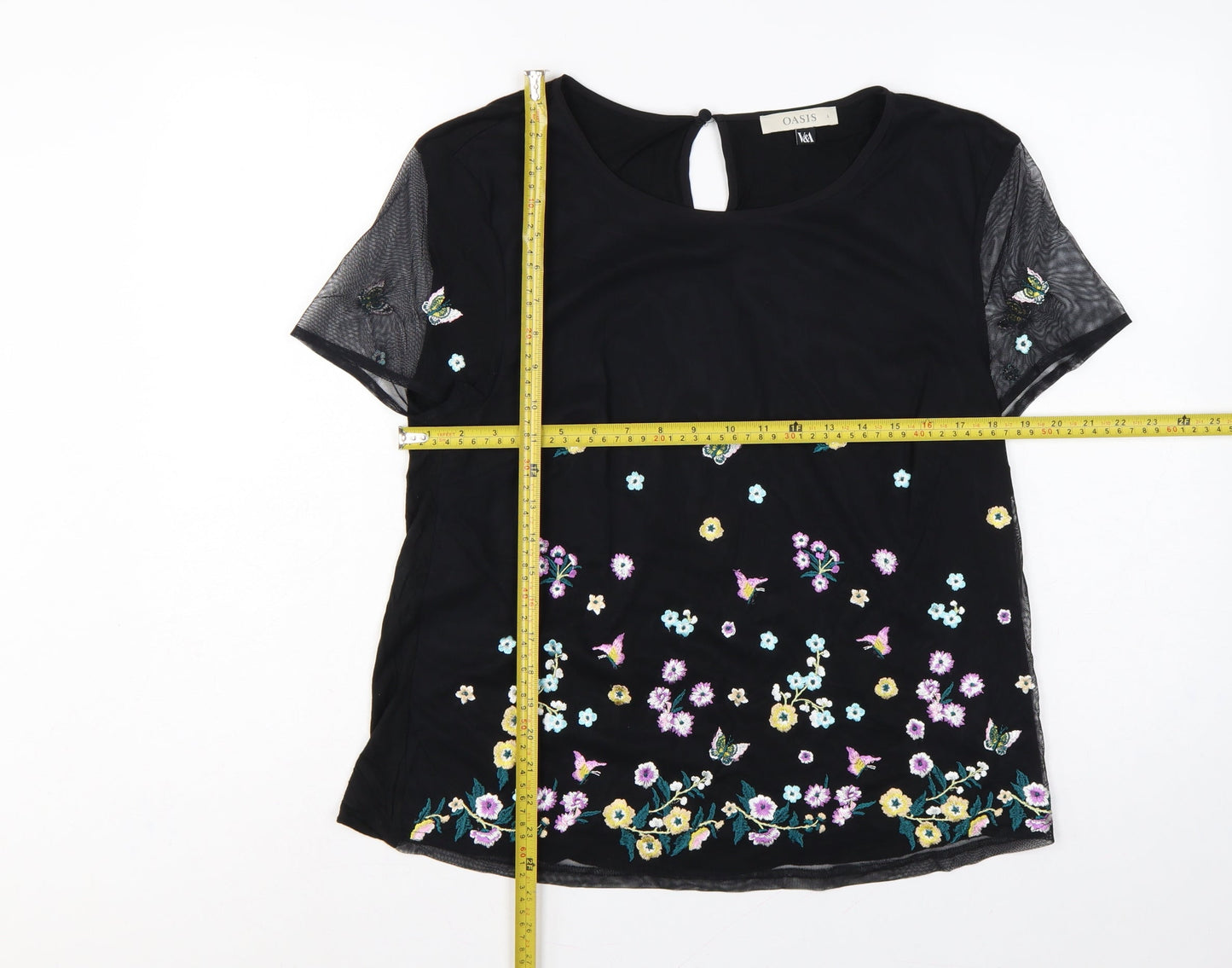 Oasis Women Black UK 14 Embroidered Floral Butterfly Sheer Sleeve Blouse