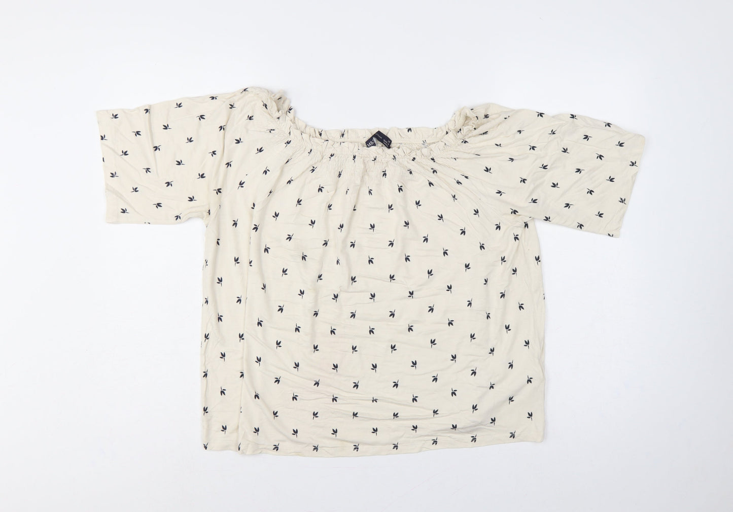 M&S Women Ivory Floral Off Shoulder Blouse Size 14 3/4 Bell Sleeve