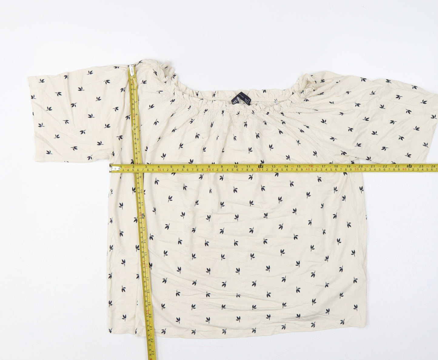 M&S Women Ivory Floral Off Shoulder Blouse Size 14 3/4 Bell Sleeve