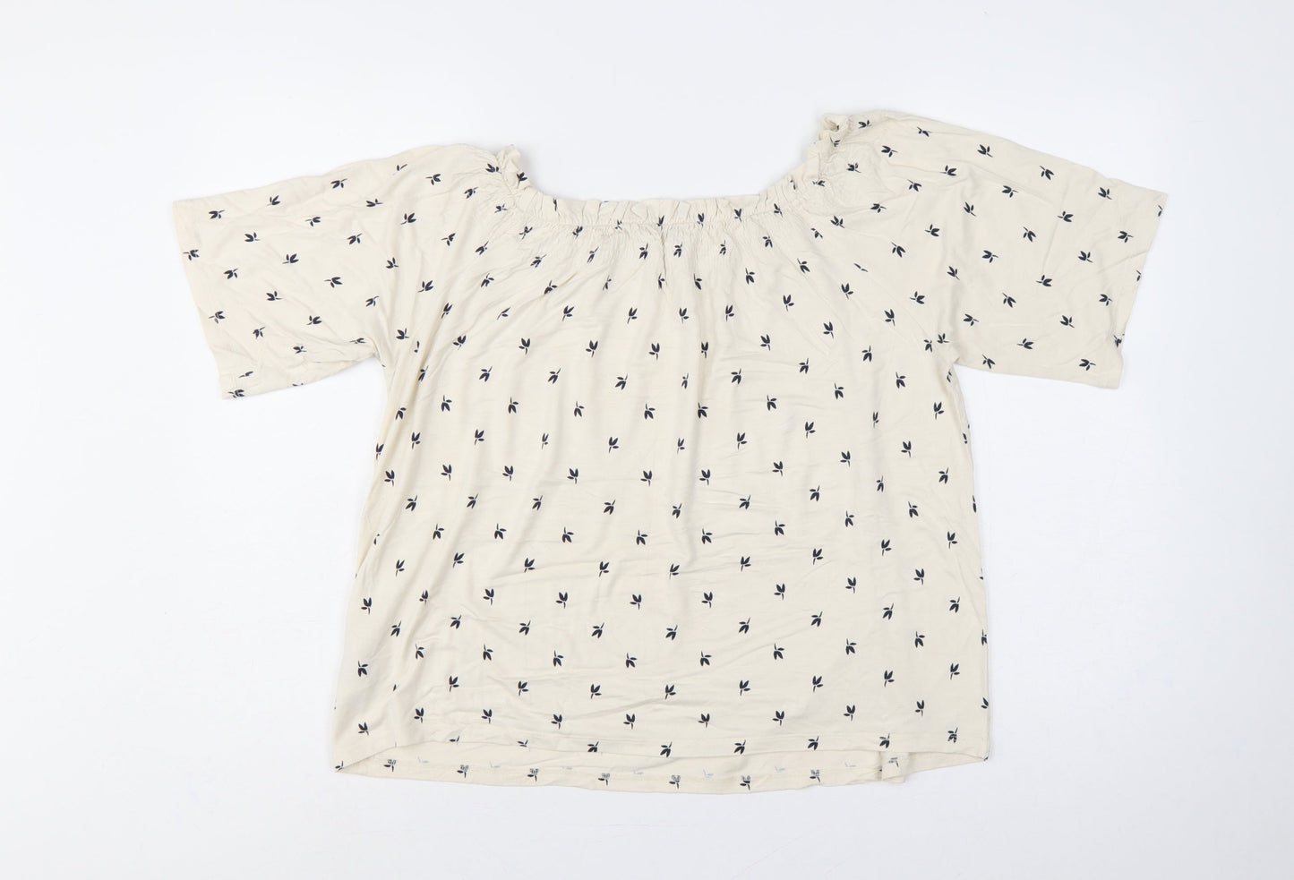 M&S Women Ivory Floral Off Shoulder Blouse Size 14 3/4 Bell Sleeve