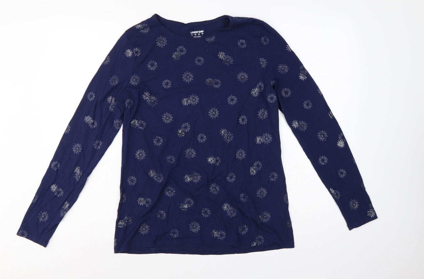 Lands' End Women Blue M Floral Cotton Jersey Long Sleeve T-Shirt