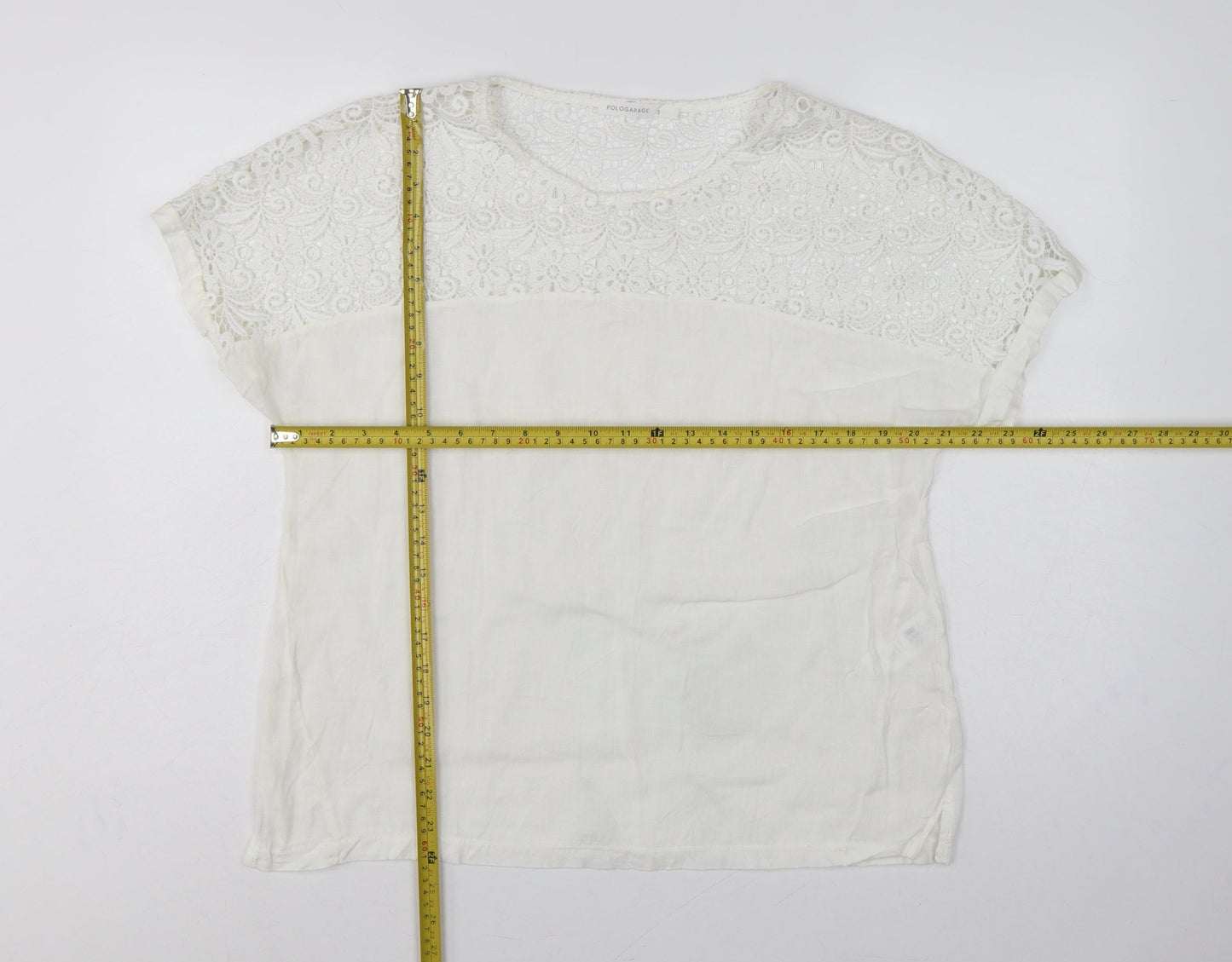 Polo Garage Women Ivory UK 14 Linen Lace Short Sleeve Blouse