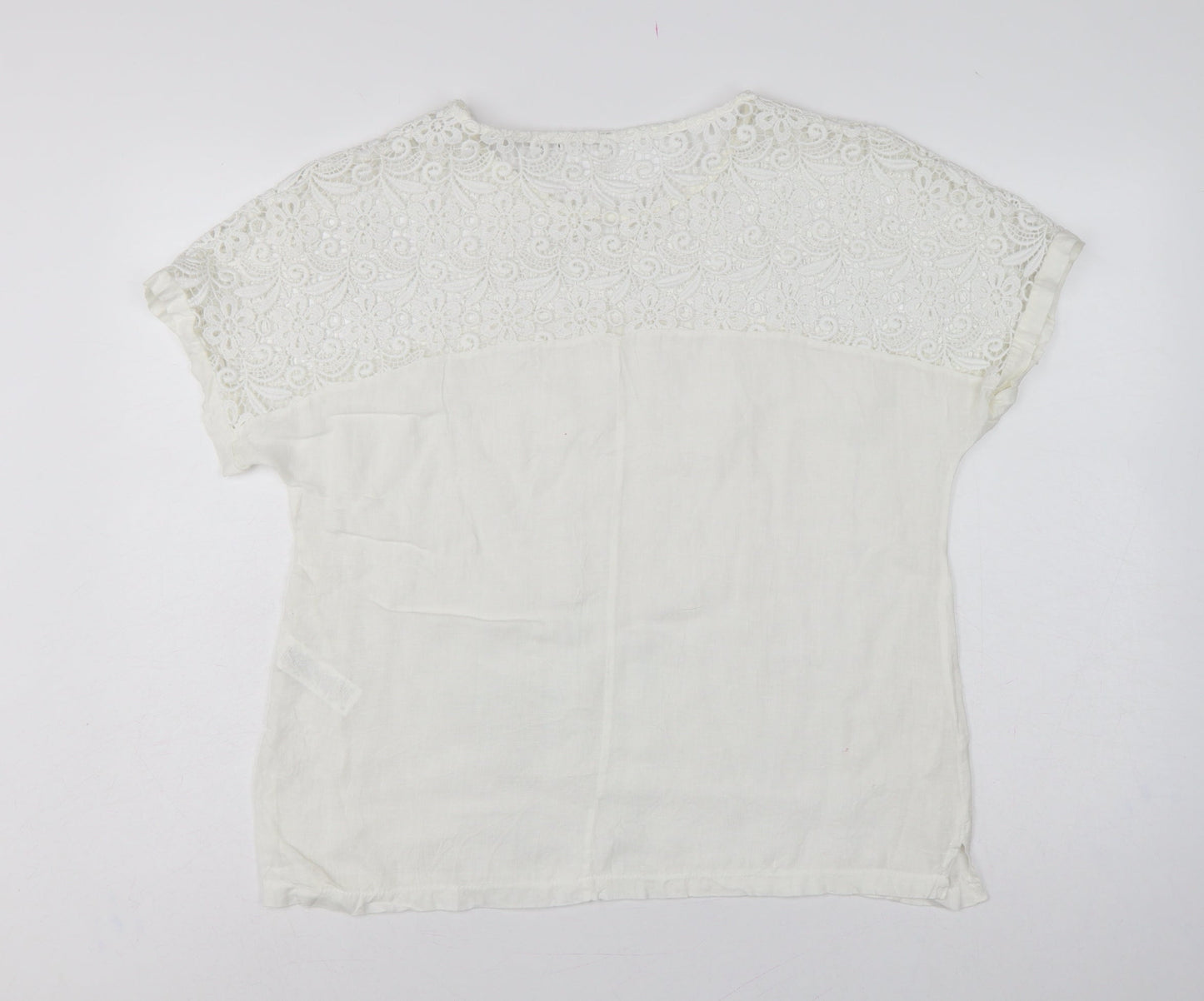 Polo Garage Women Ivory UK 14 Linen Lace Short Sleeve Blouse