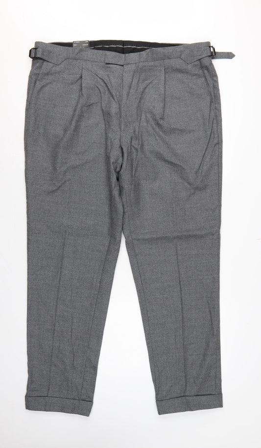 Marks and Spencer Men Grey 42 33L Pure Wool Pleated Dress Trousers