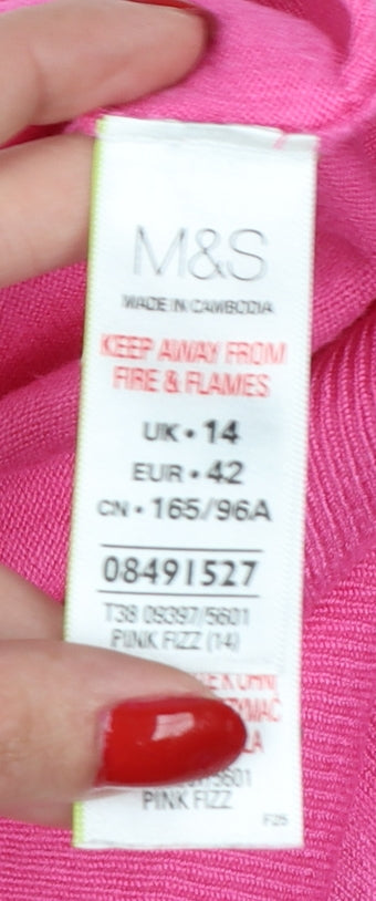 Marks and Spencer Women Pink Size 14 Round Neck Button Cardigan