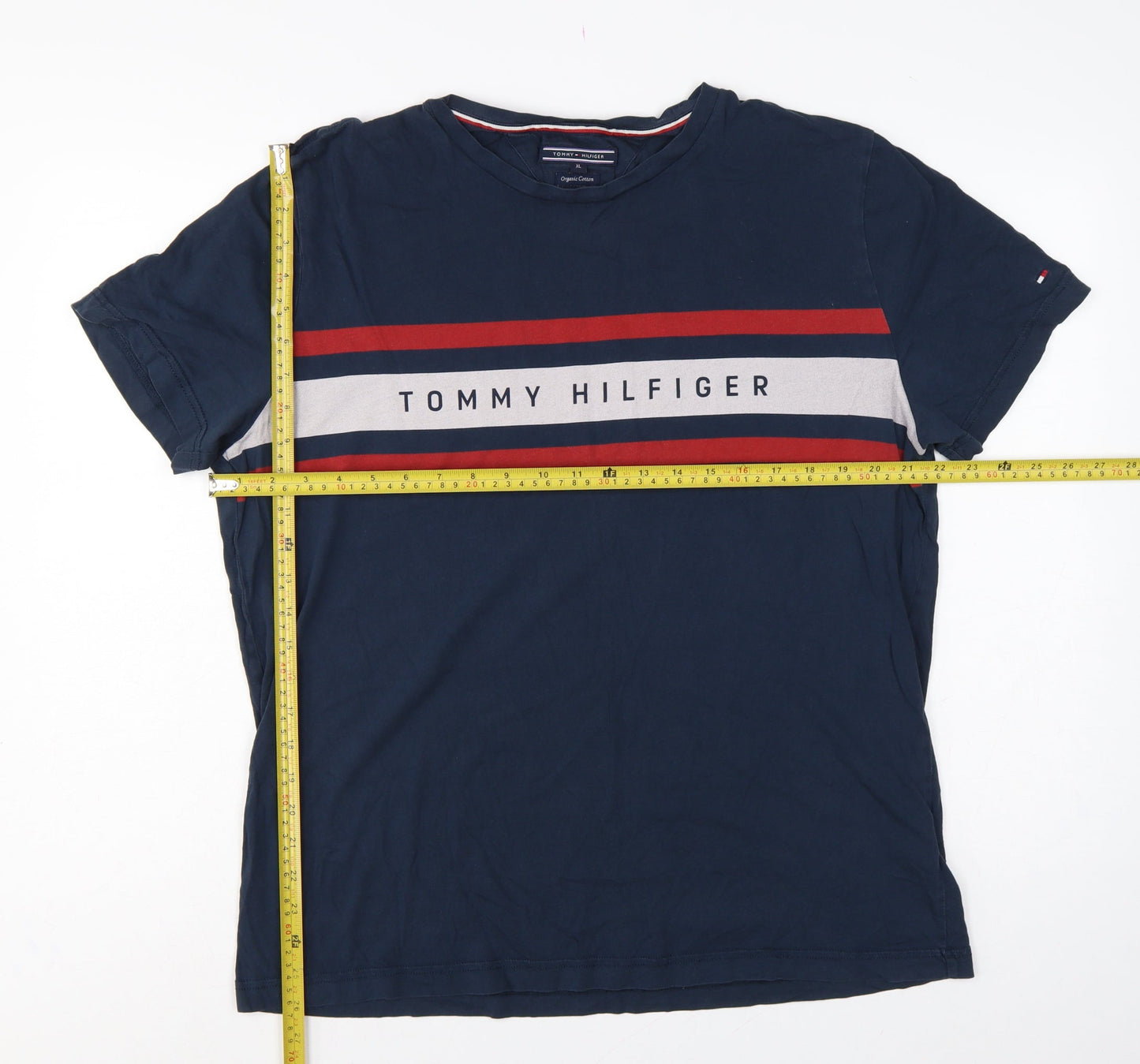 Tommy Hilfiger Men's Blue XL Logo Stripe Crew Neck T-Shirt
