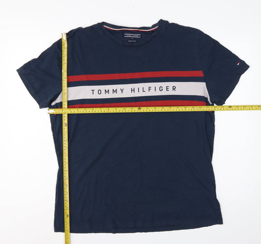 Tommy Hilfiger Men's Blue XL Logo Stripe Crew Neck T-Shirt