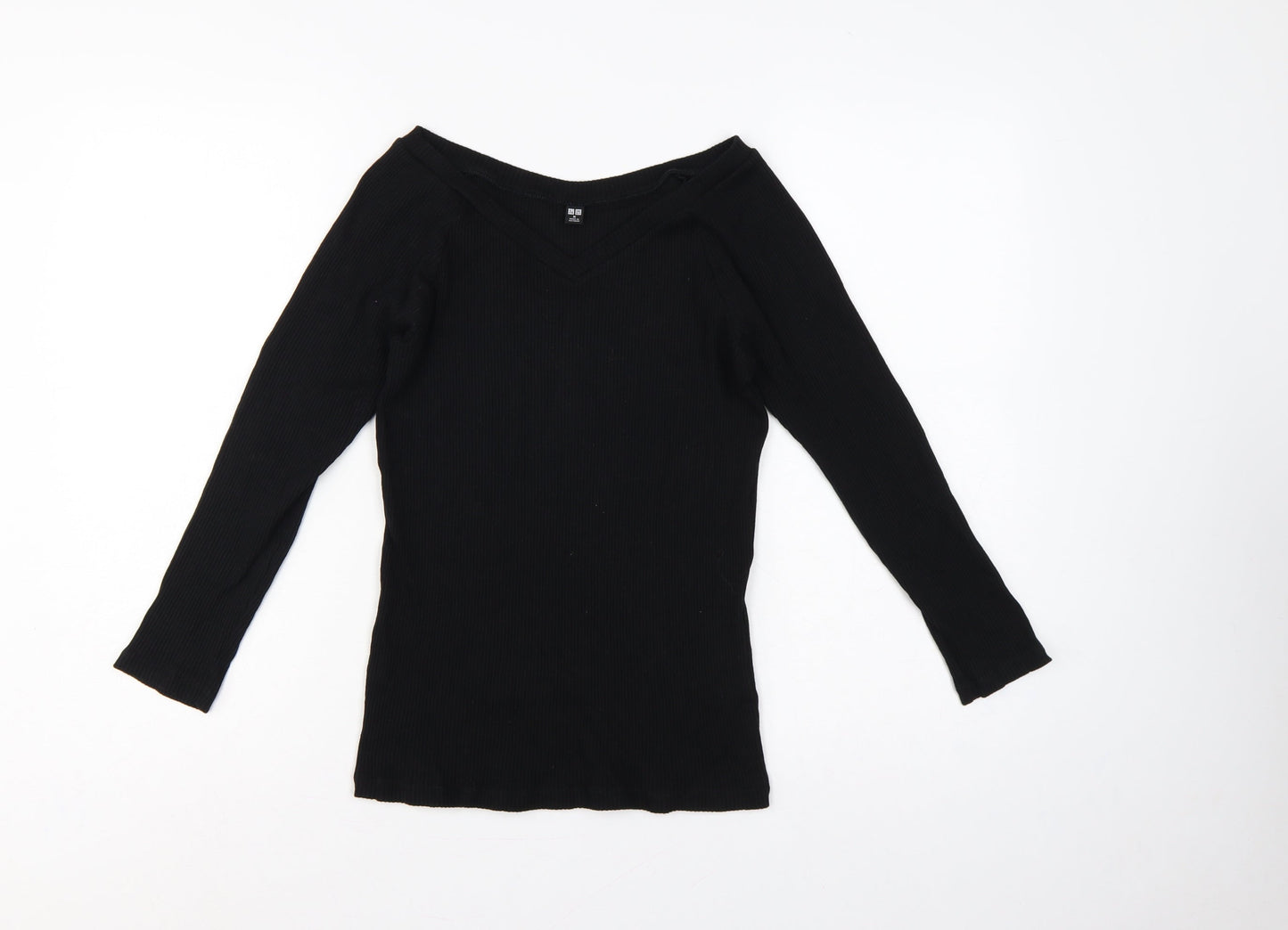 Uniqlo Women Black M Ribbed V-Neck Long Sleeve Slim Basic T-Shirt