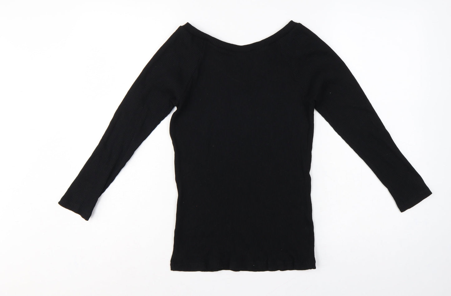 Uniqlo Women Black M Ribbed V-Neck Long Sleeve Slim Basic T-Shirt