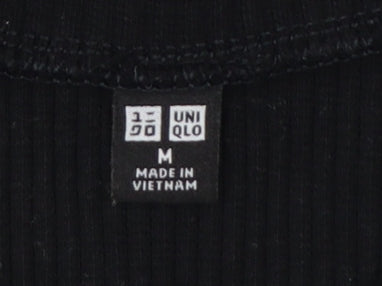 Uniqlo Women Black M Ribbed V-Neck Long Sleeve Slim Basic T-Shirt