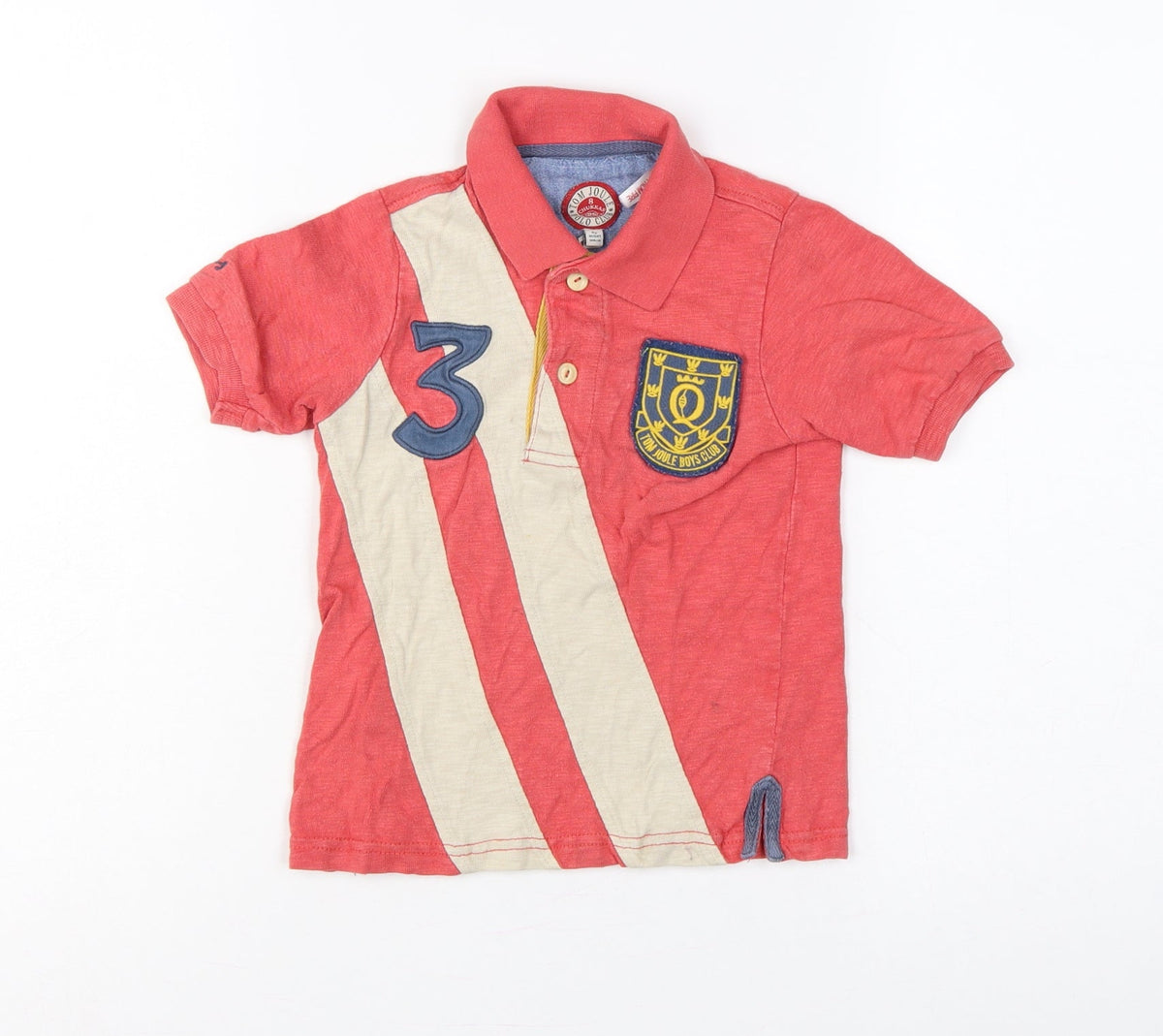 Back view of Tom Joule boys’ red 4 years striped logo crest short sleeve polo shirt