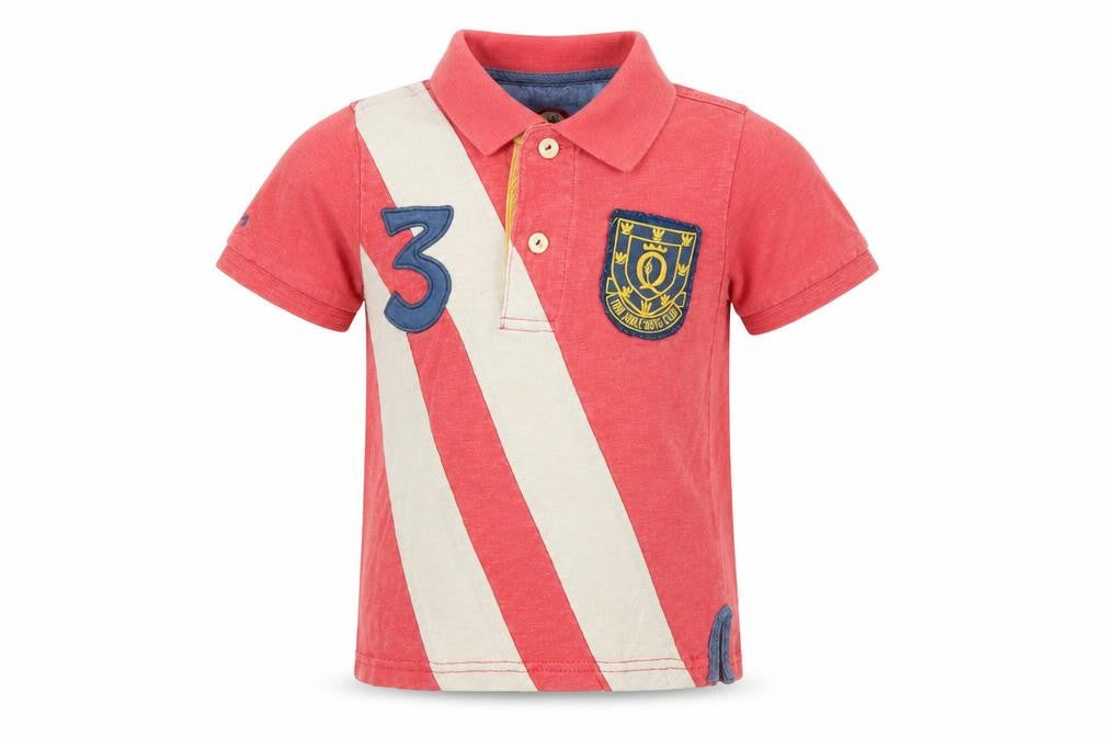 Front view of Tom Joule boys’ red 4 years striped logo crest short sleeve polo shirt