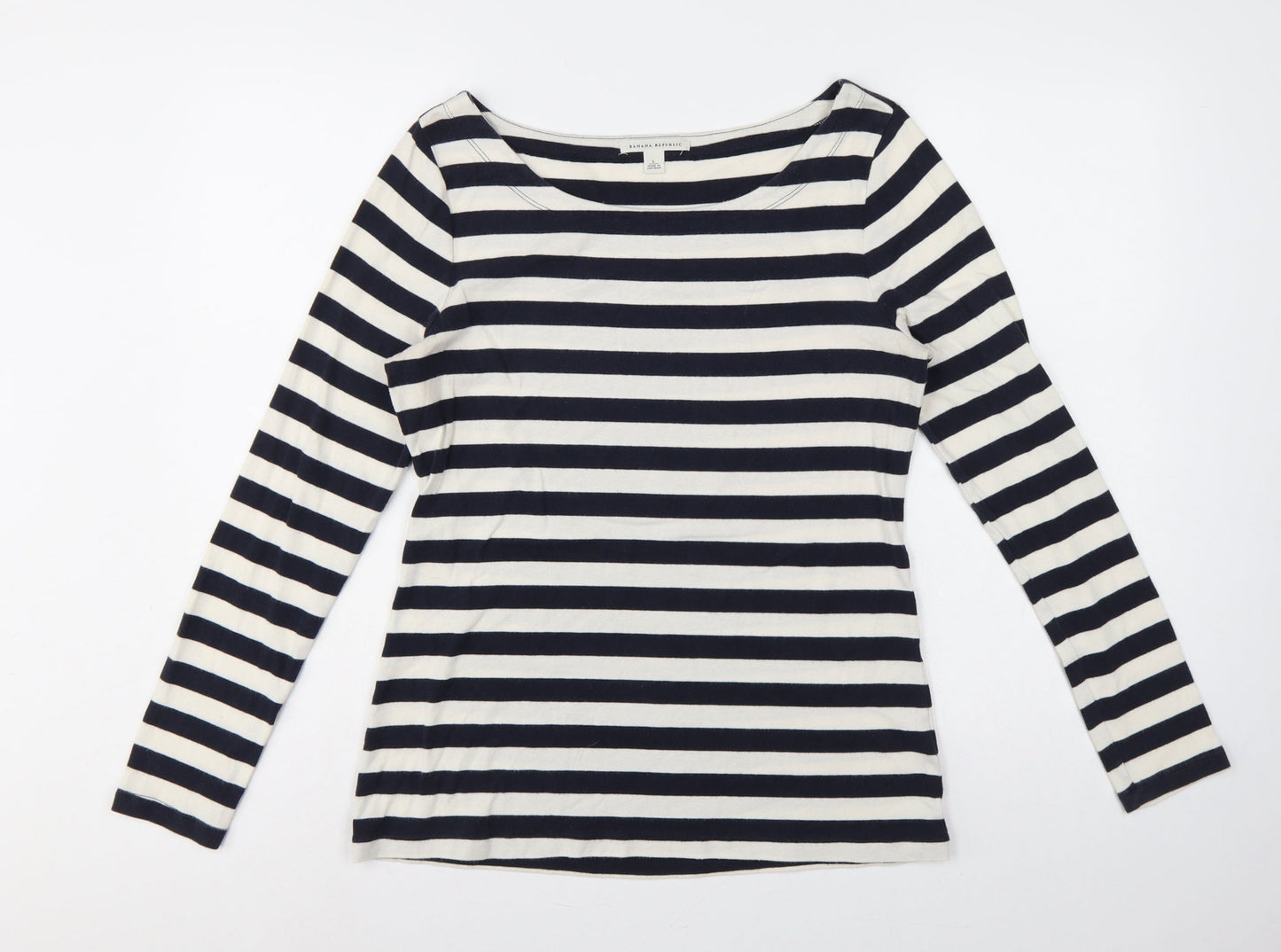 Banana Republic Women Blue Ivory L Striped Boat Neck Jersey T-Shirt