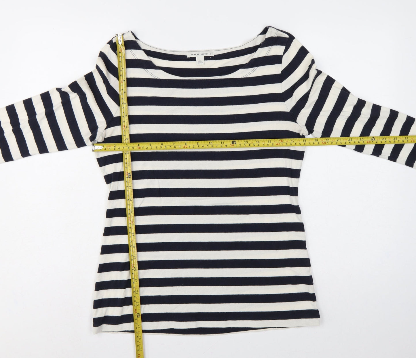 Banana Republic Women Blue Ivory L Striped Boat Neck Jersey T-Shirt