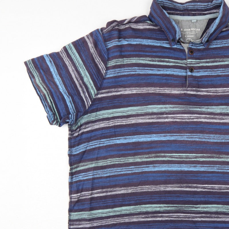 RJR John Rocha Men's Blue Striped Polo Shirt XL Button-Down Collar