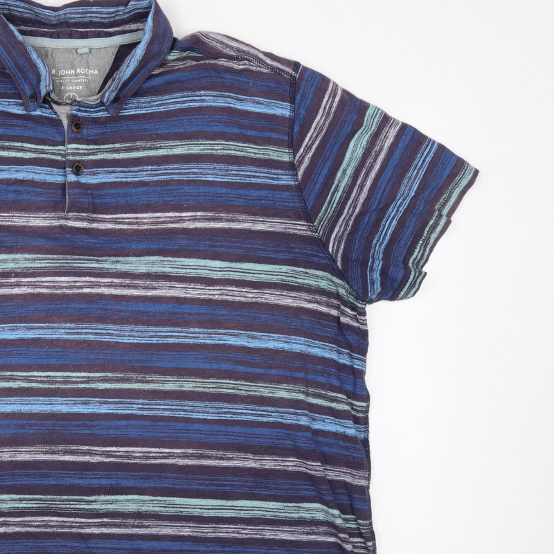 RJR John Rocha Men's Blue Striped Polo Shirt XL Button-Down Collar