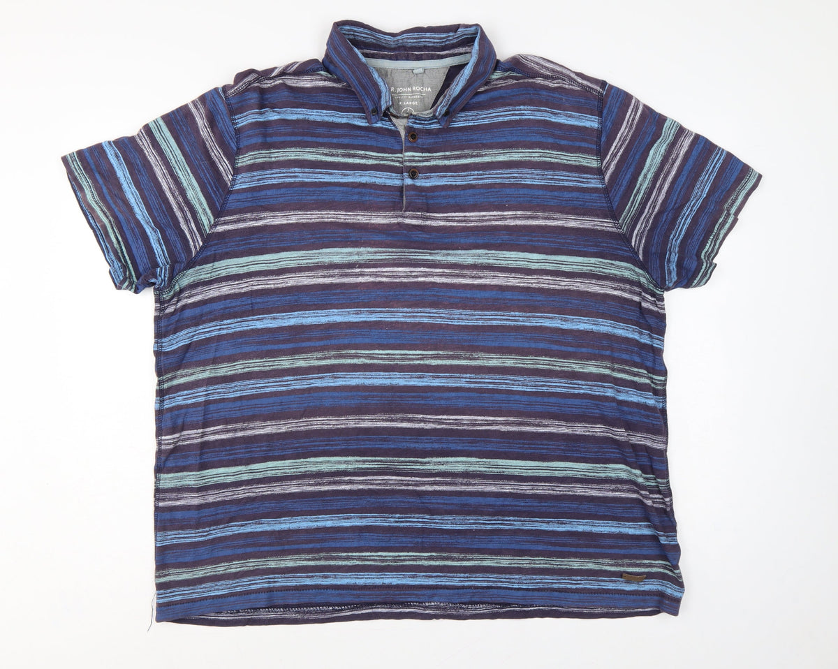RJR John Rocha Men's Blue Striped Polo Shirt XL Button-Down Collar