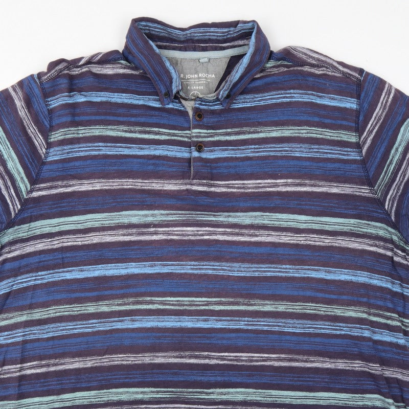 RJR John Rocha Men's Blue Striped Polo Shirt XL Button-Down Collar