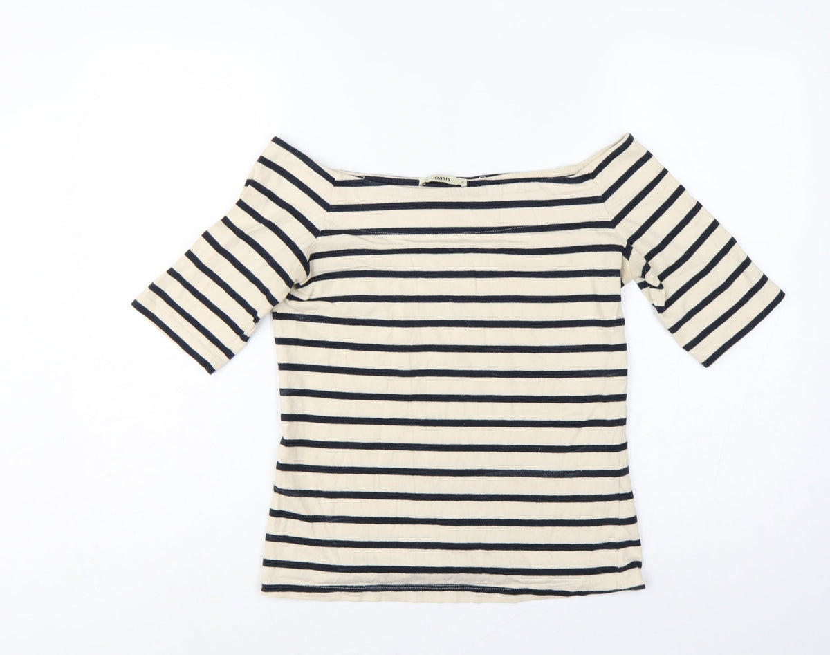 Oasis Women Ivory Navy Striped Cotton Boat Neck T-Shirt UK 12
