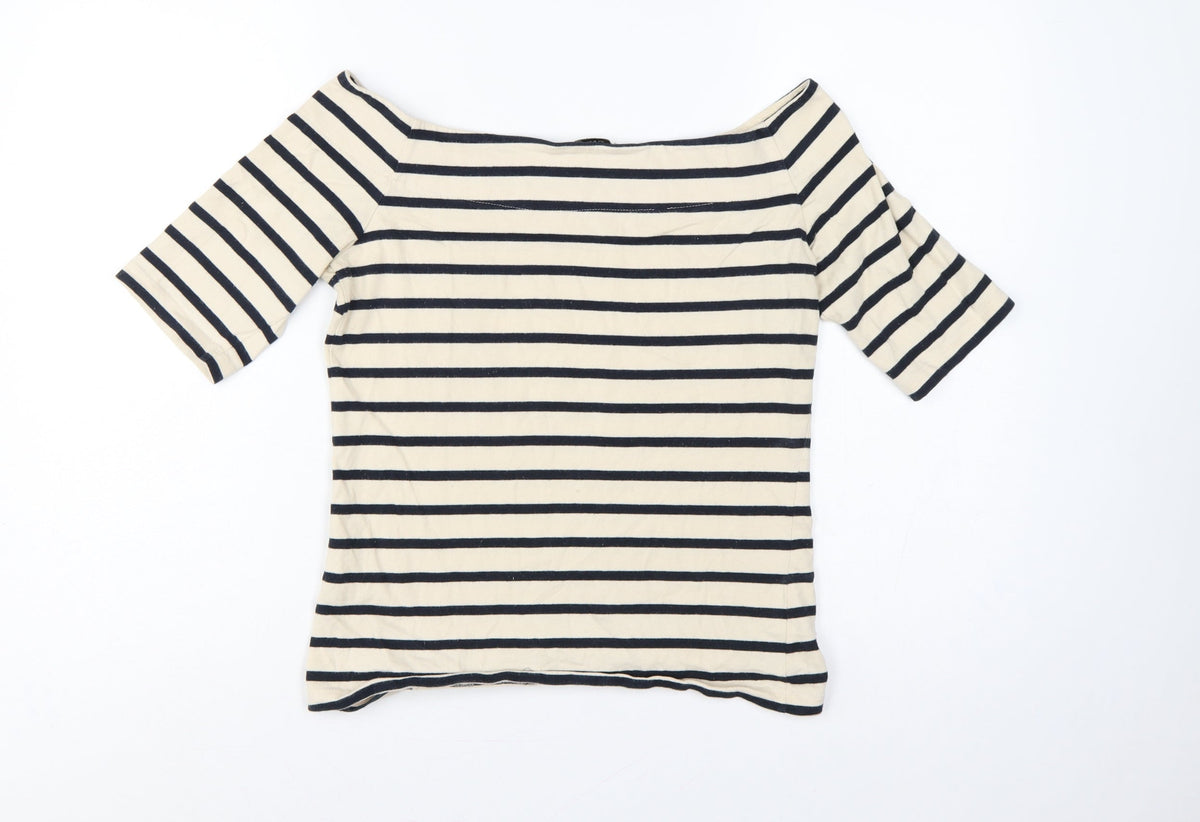 Oasis Women Ivory Navy Striped Cotton Boat Neck T-Shirt UK 12