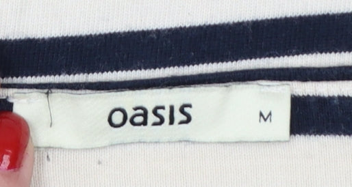 Oasis Women Ivory Navy Striped Cotton Boat Neck T-Shirt UK 12
